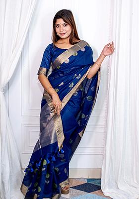 Blue Weaving Silk Saree Set