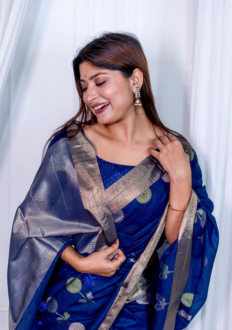 Blue Weaving Silk Saree Set