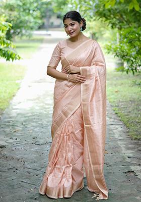 Peach Weaving Silk Saree Set