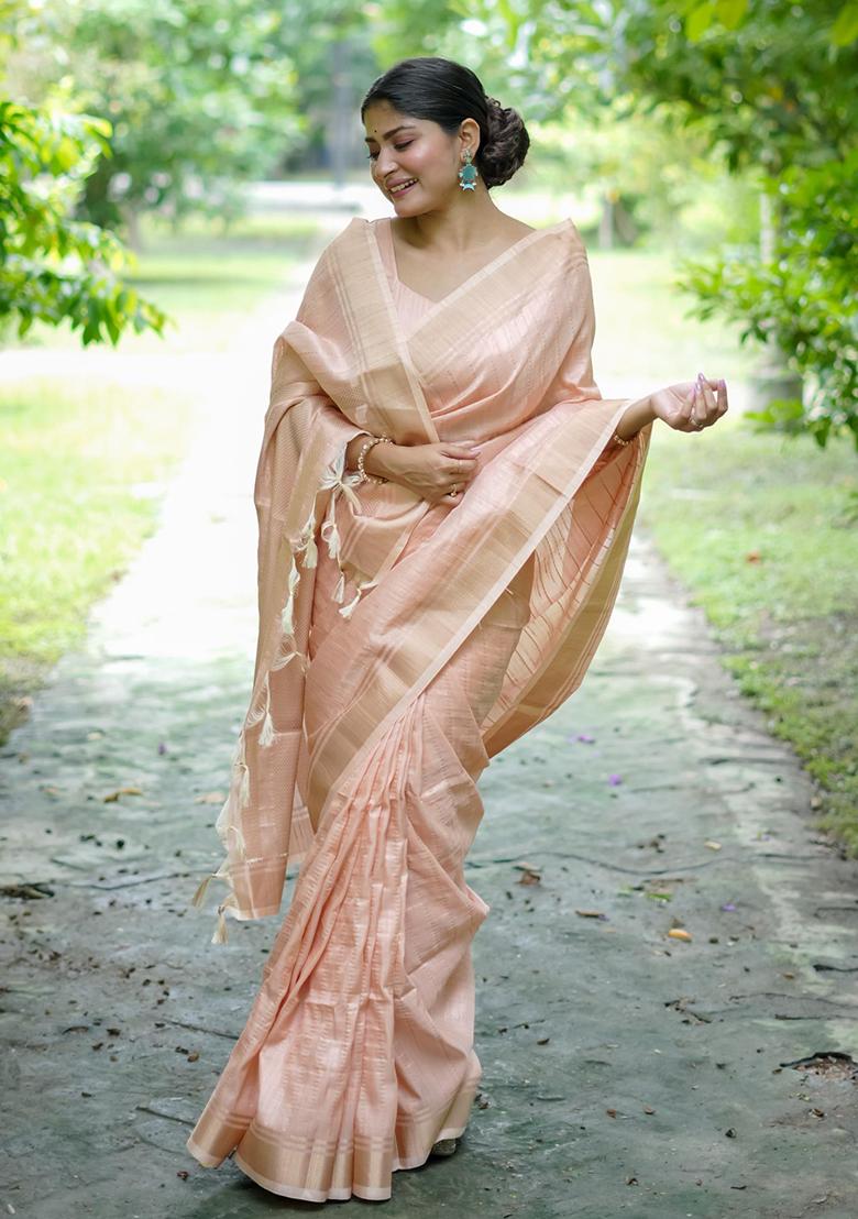Peach Weaving Silk Saree Set