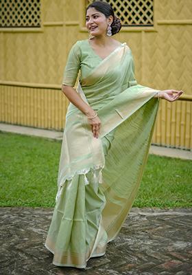 Pista Green Weaving Silk Saree Set
