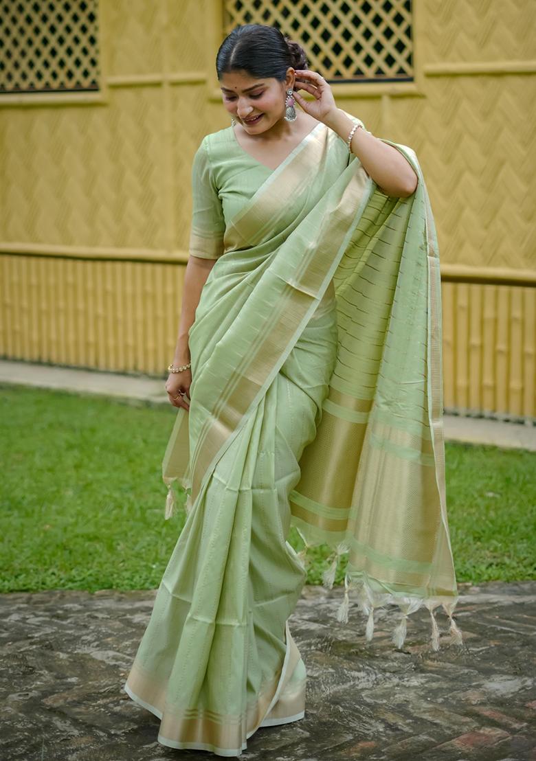 Pista Green Weaving Silk Saree Set