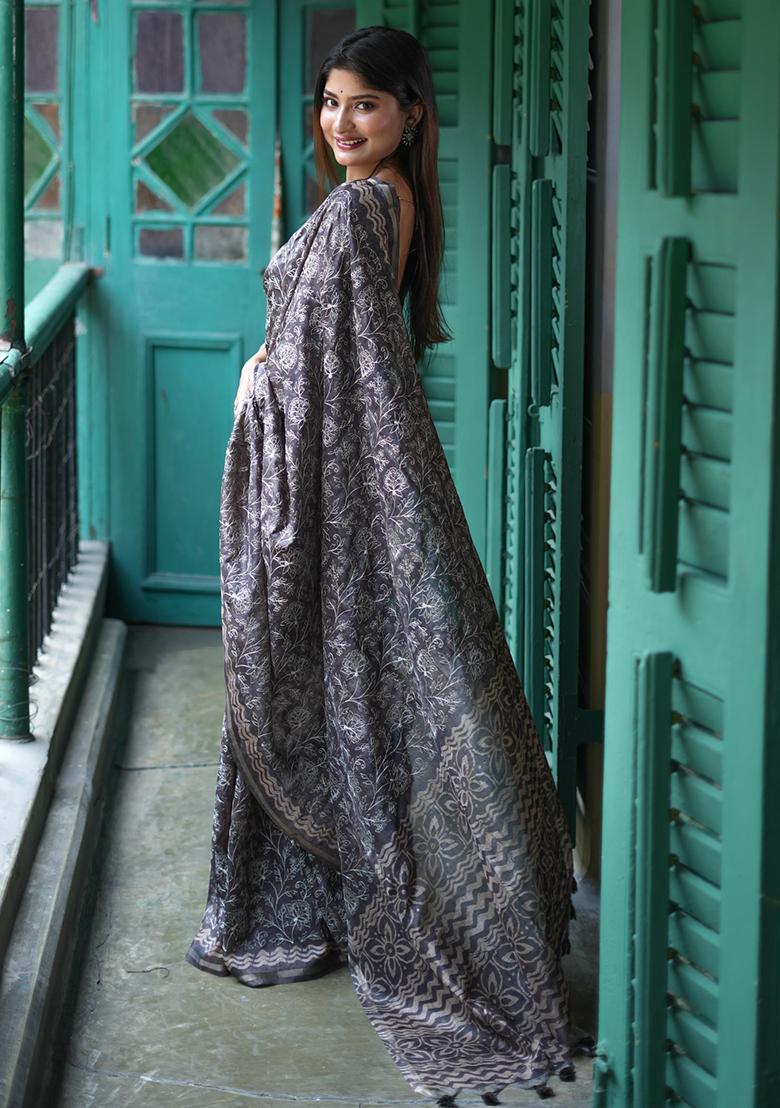 Grey Embroidered Silk Saree Set