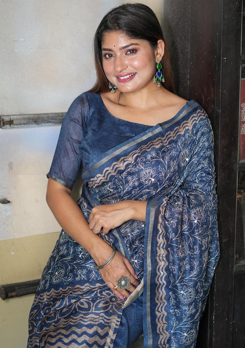 Blue Embroidered Silk Saree Set