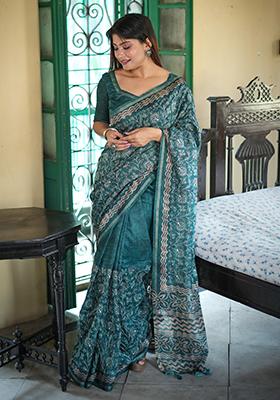 Rama Green Embroidered Silk Saree Set