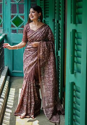 Brown Embroidered Silk Saree Set