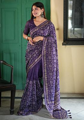 Purple Embroidered Silk Saree Set