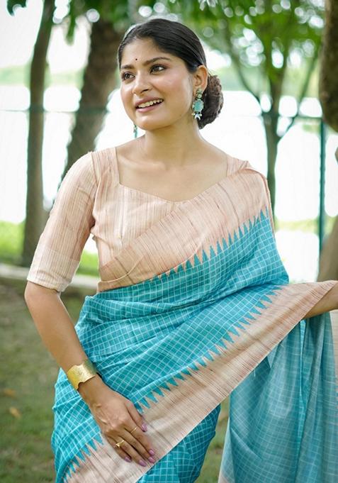 Sky Blue Woven Silk Saree Set