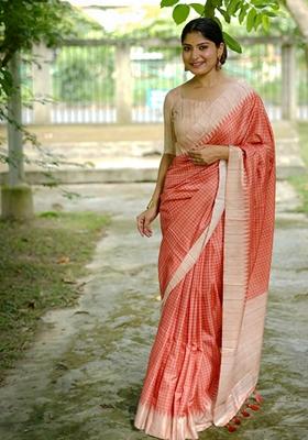 Orange Woven Silk Saree Set