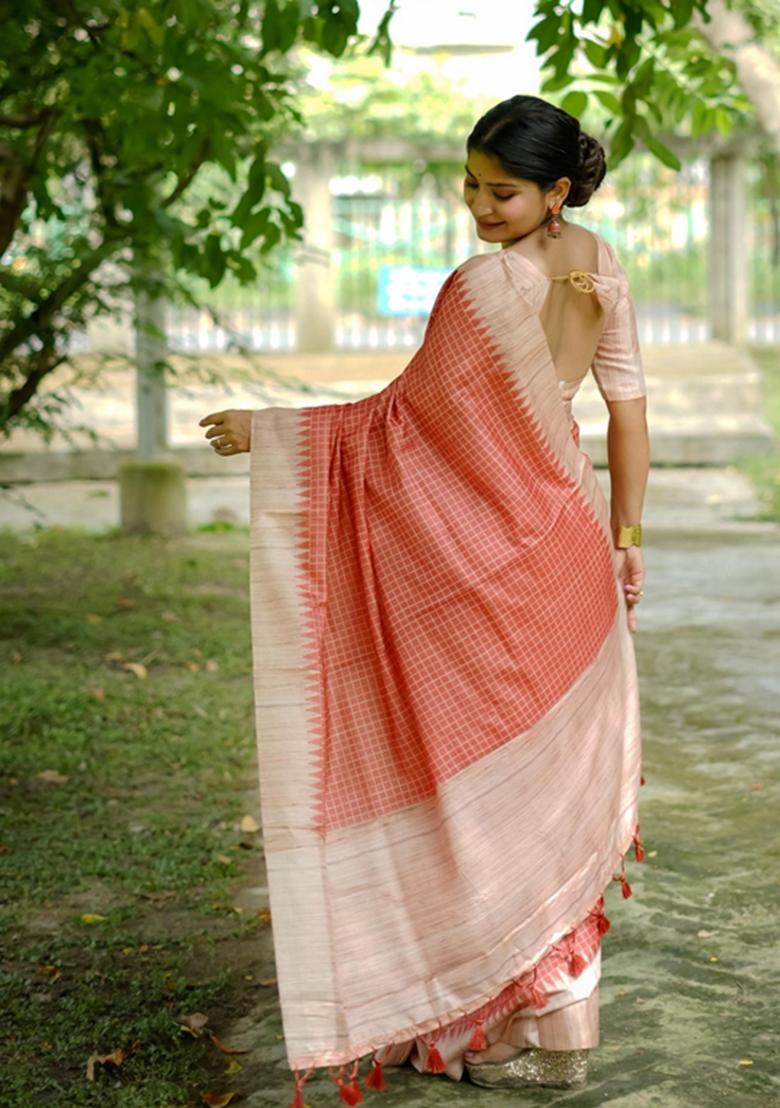 Orange Woven Silk Saree Set