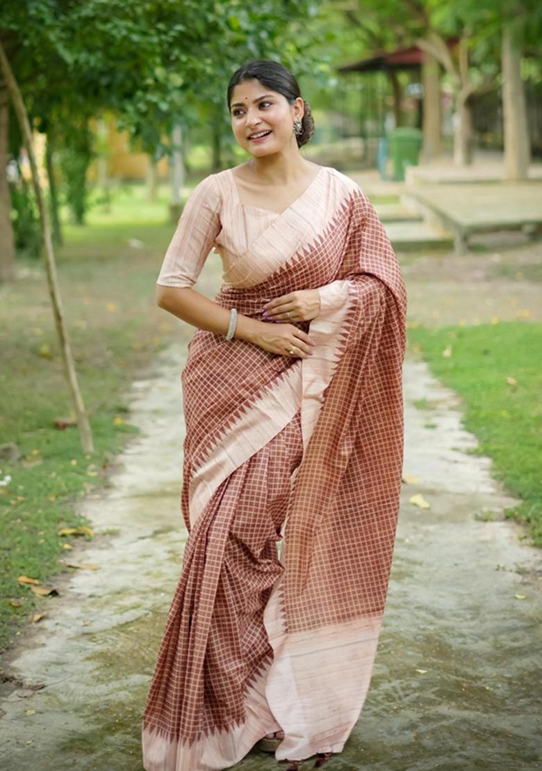 Brown Woven Silk Saree Set