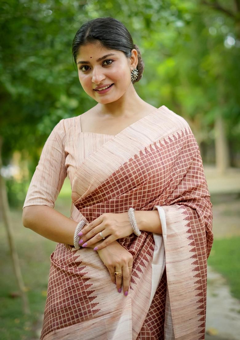 Brown Woven Silk Saree Set