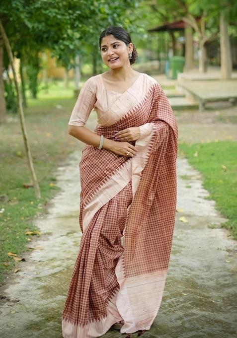 Brown Woven Silk Saree Set