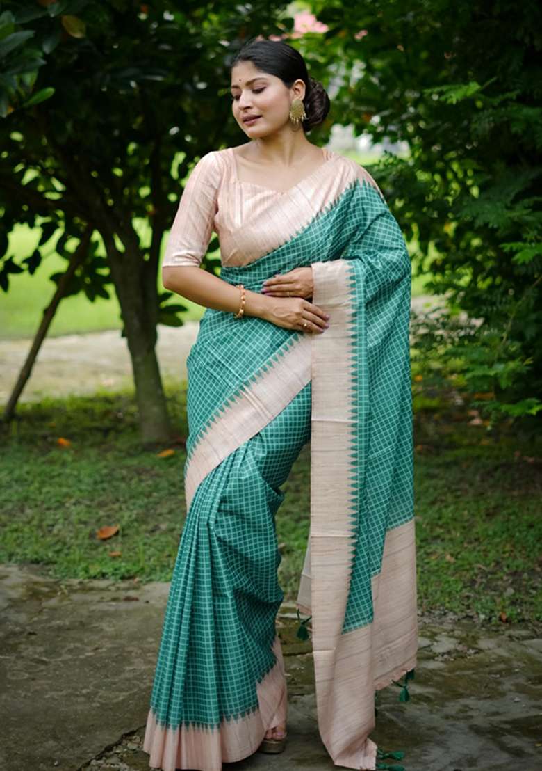 Sea Green Woven Silk Saree Set for Diwali and Festive Wear - Indya