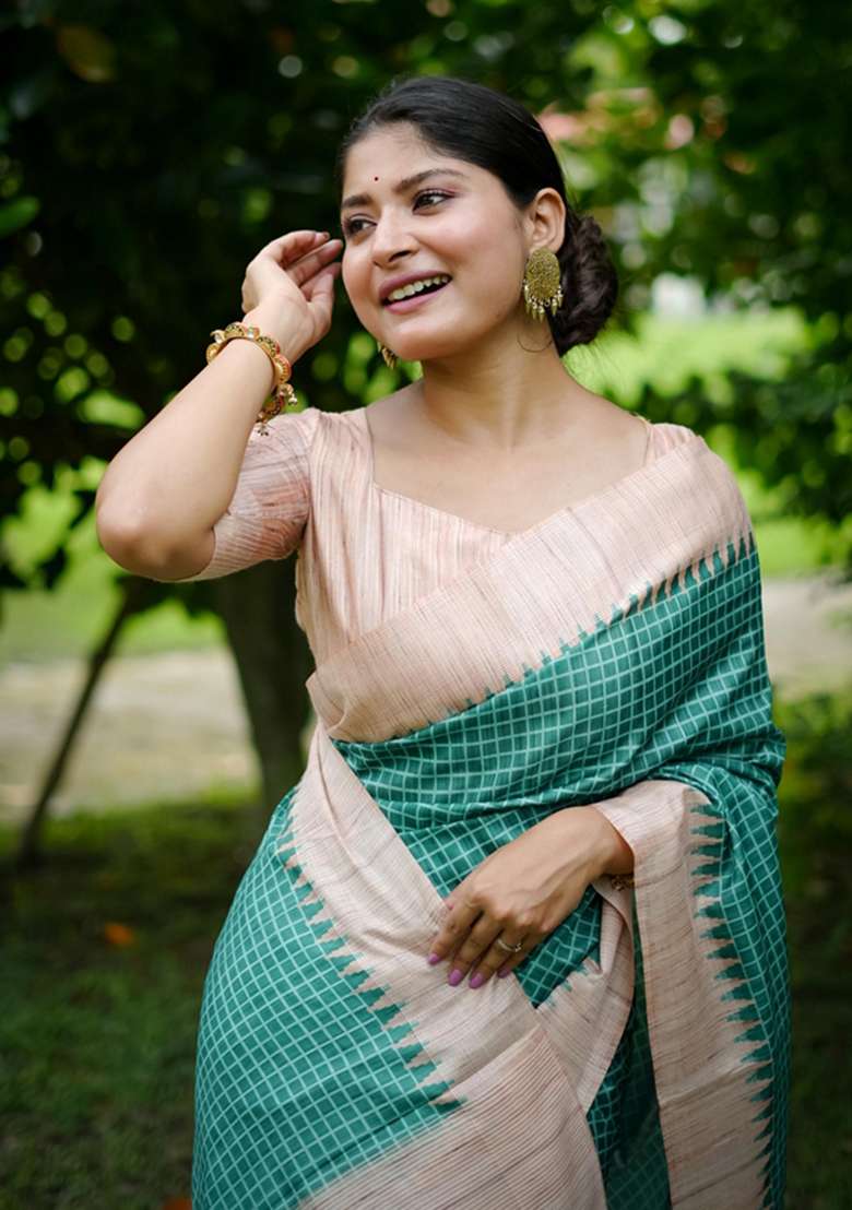 Sea Green Woven Silk Saree Set for Diwali and Festive Wear - Indya
