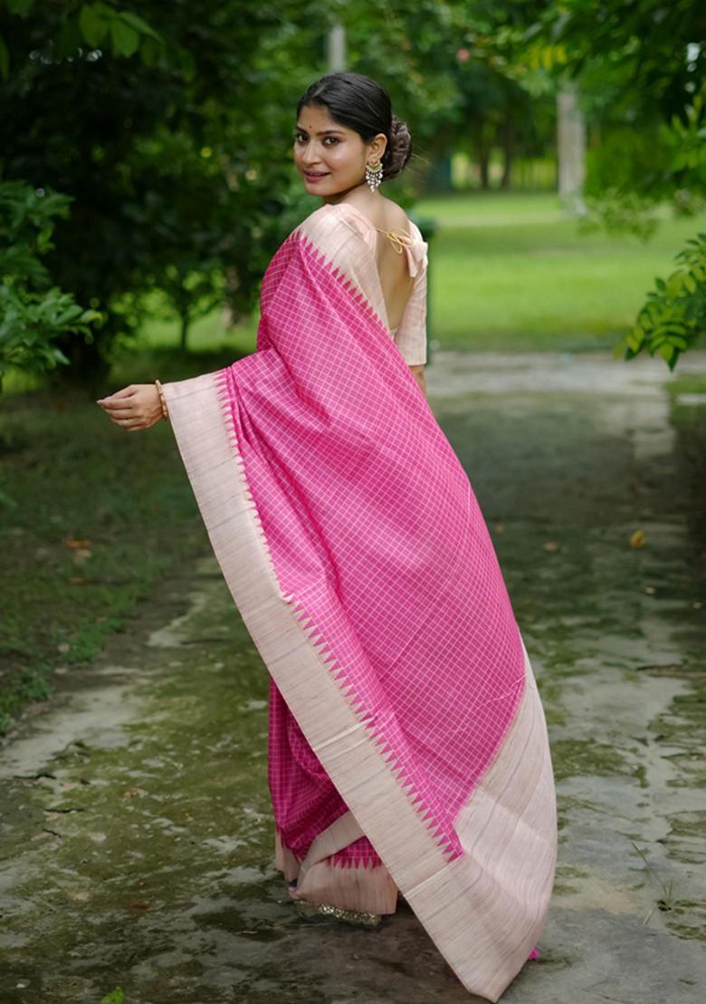 Pink Woven Silk Saree Set