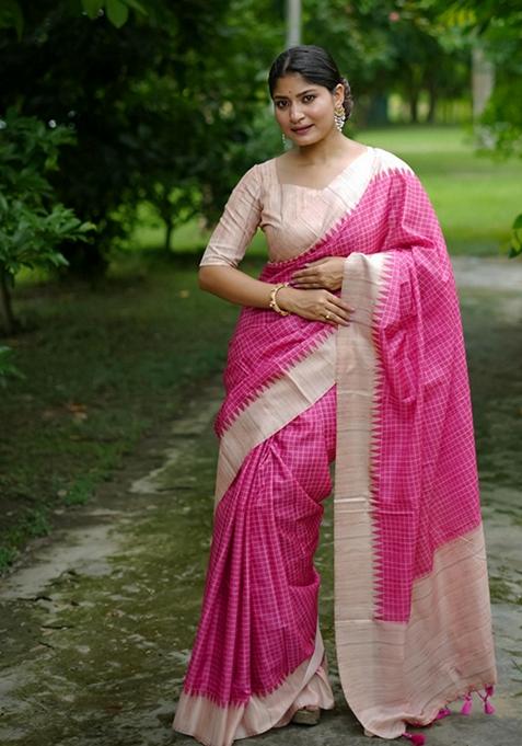 Pink Woven Silk Saree Set