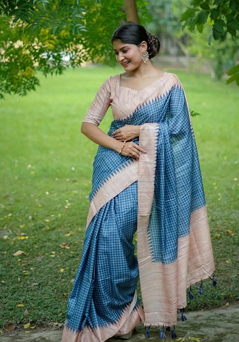 Blue Woven Silk Saree Set