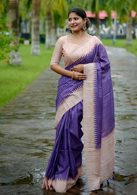 Purple Woven Silk Saree Set