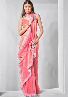 Pink Printed Net Saree Set