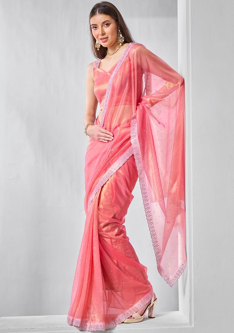 Pink Printed Net Saree Set
