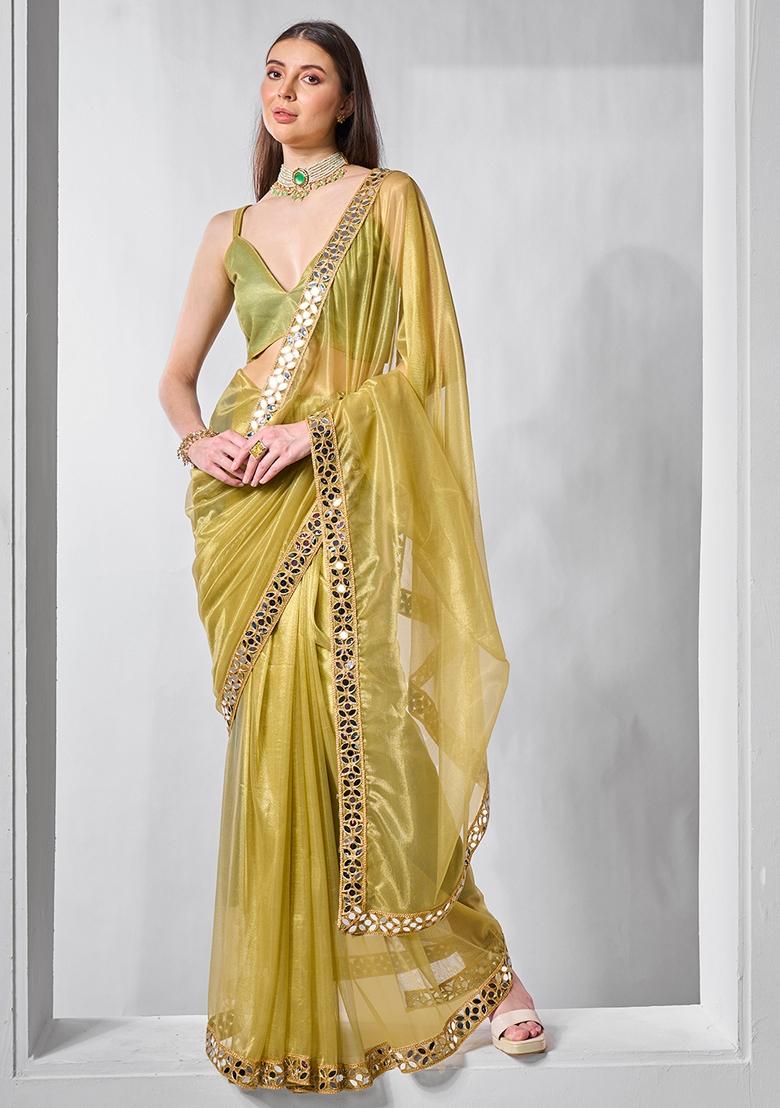 Green Printed Net Saree Set