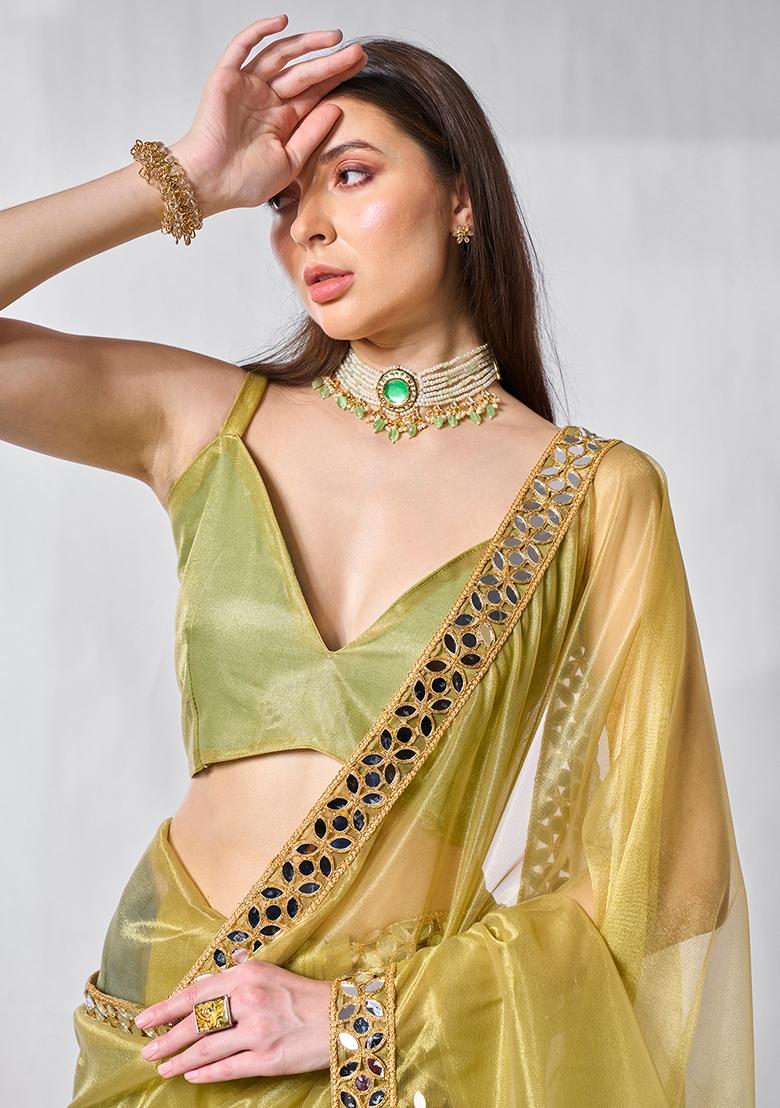 Green Printed Net Saree Set