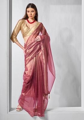 Mauve Printed Net Saree Set