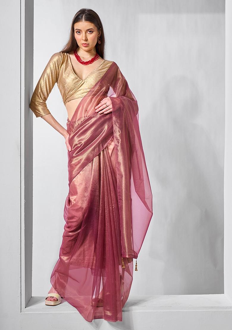 Mauve Printed Net Saree Set