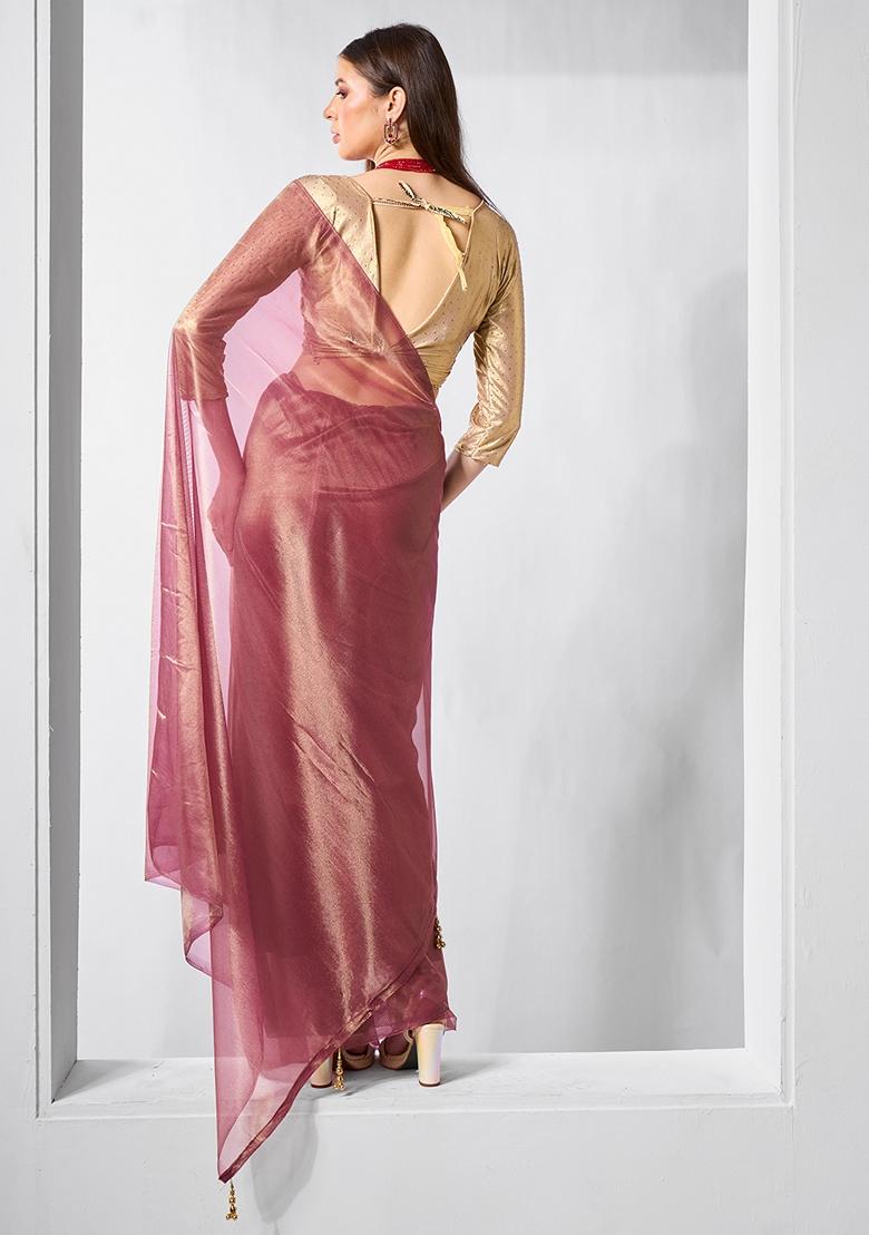 Mauve Printed Net Saree Set