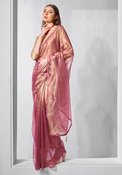 Mauve Printed Net Saree Set