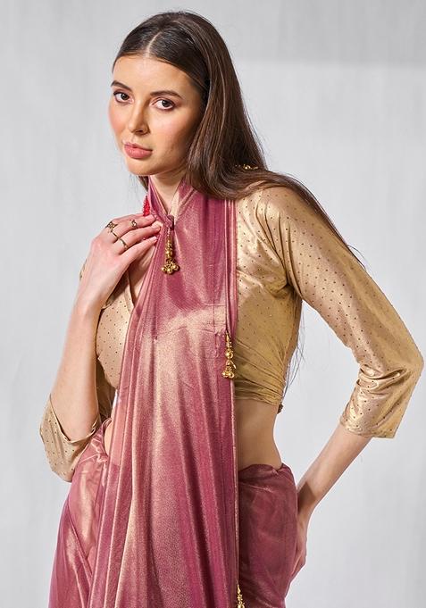 Mauve Printed Net Saree Set