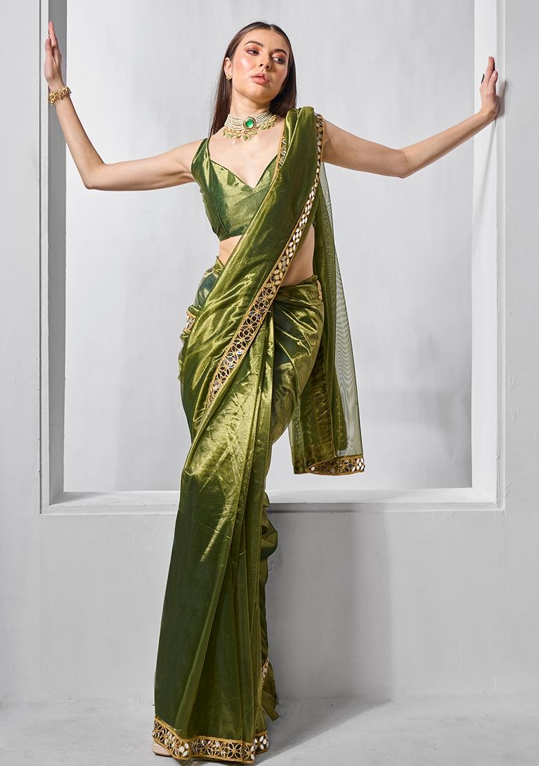 Green Printed Net Saree Set