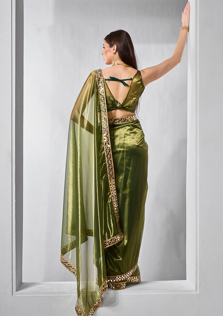Green Printed Net Saree Set