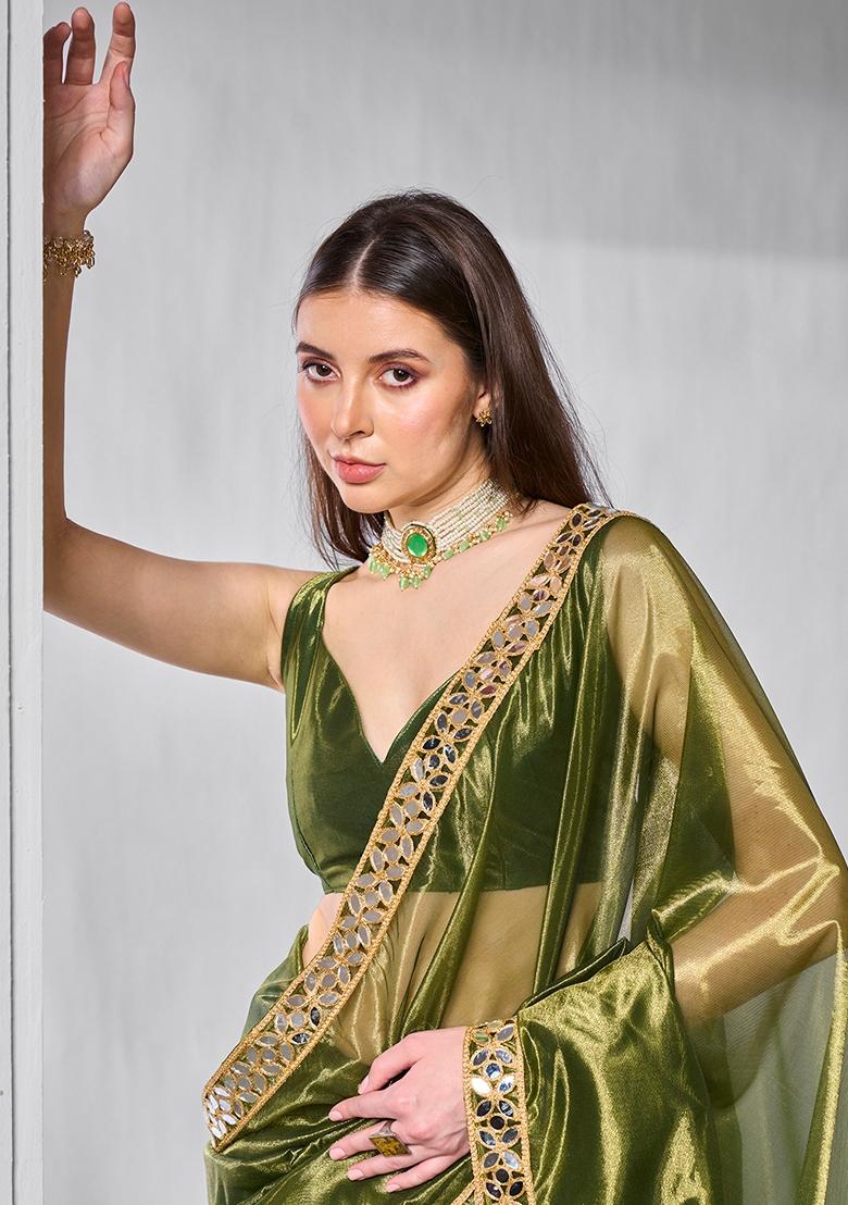 Green Printed Net Saree Set