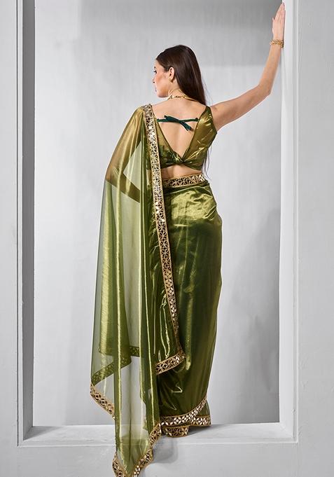 Green Printed Net Saree Set