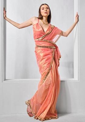 Orange Printed Net Saree Set