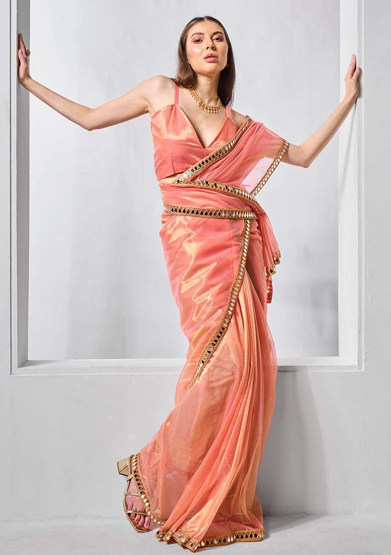 Orange Printed Net Saree Set - Indya