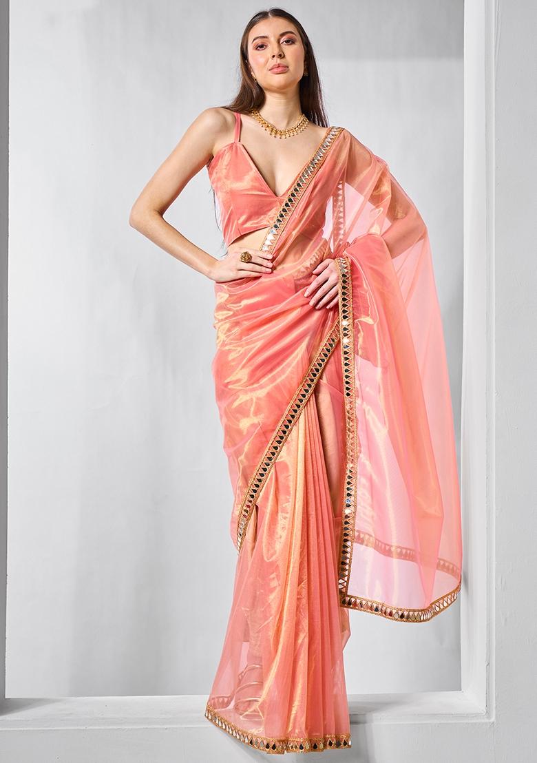 Orange Printed Net Saree Set