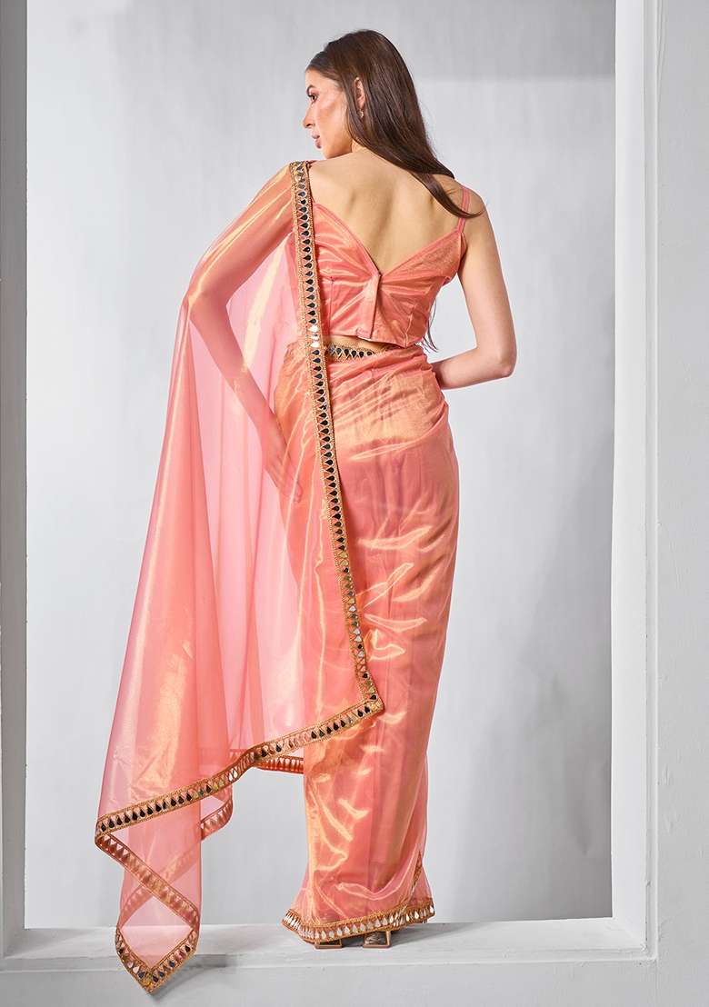 Orange Printed Net Saree Set - Indya