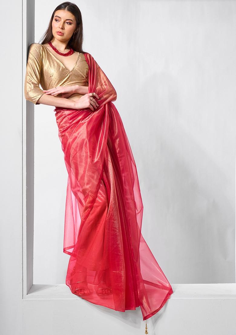 Red Printed Net Saree Set