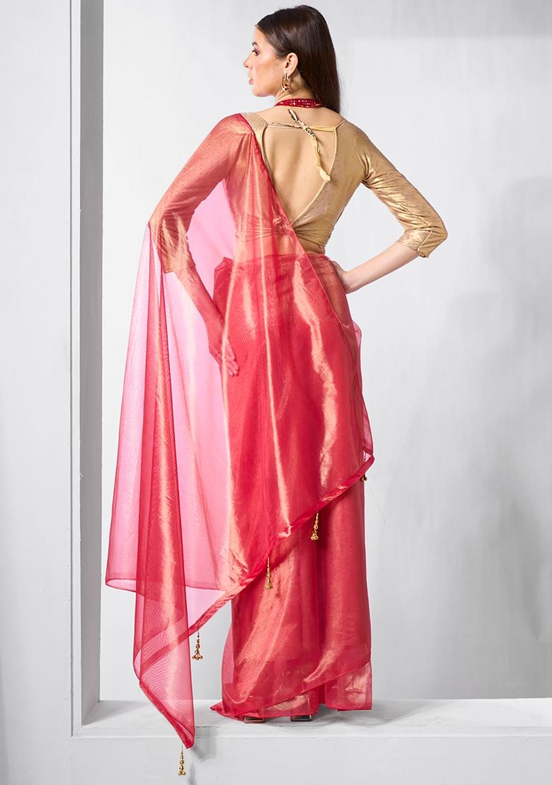 Red Printed Net Saree Set