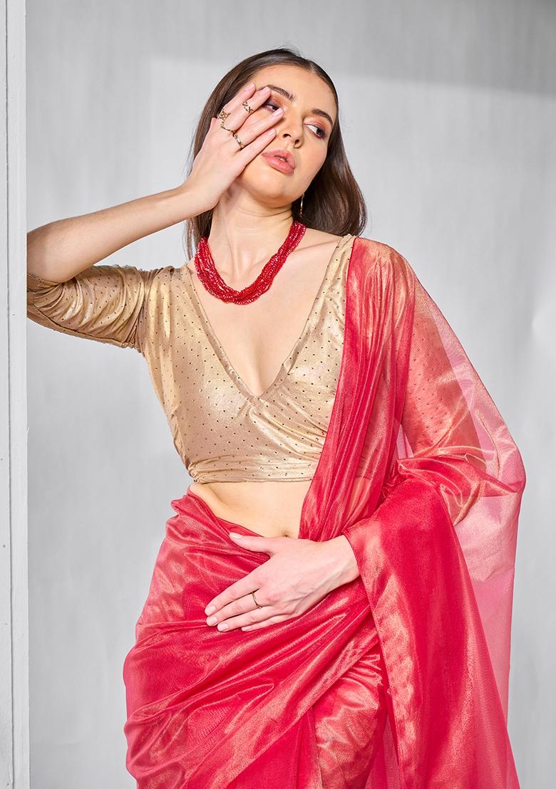 Red Printed Net Saree Set