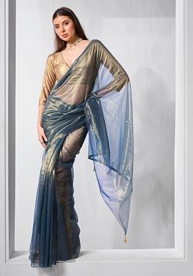 Blue Printed Net Saree Set