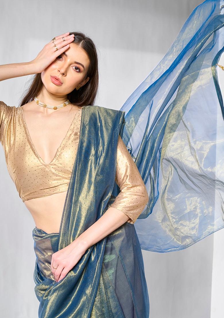 Blue Printed Net Saree Set