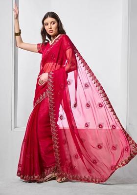 Red Embroidered Chiffon Saree Set