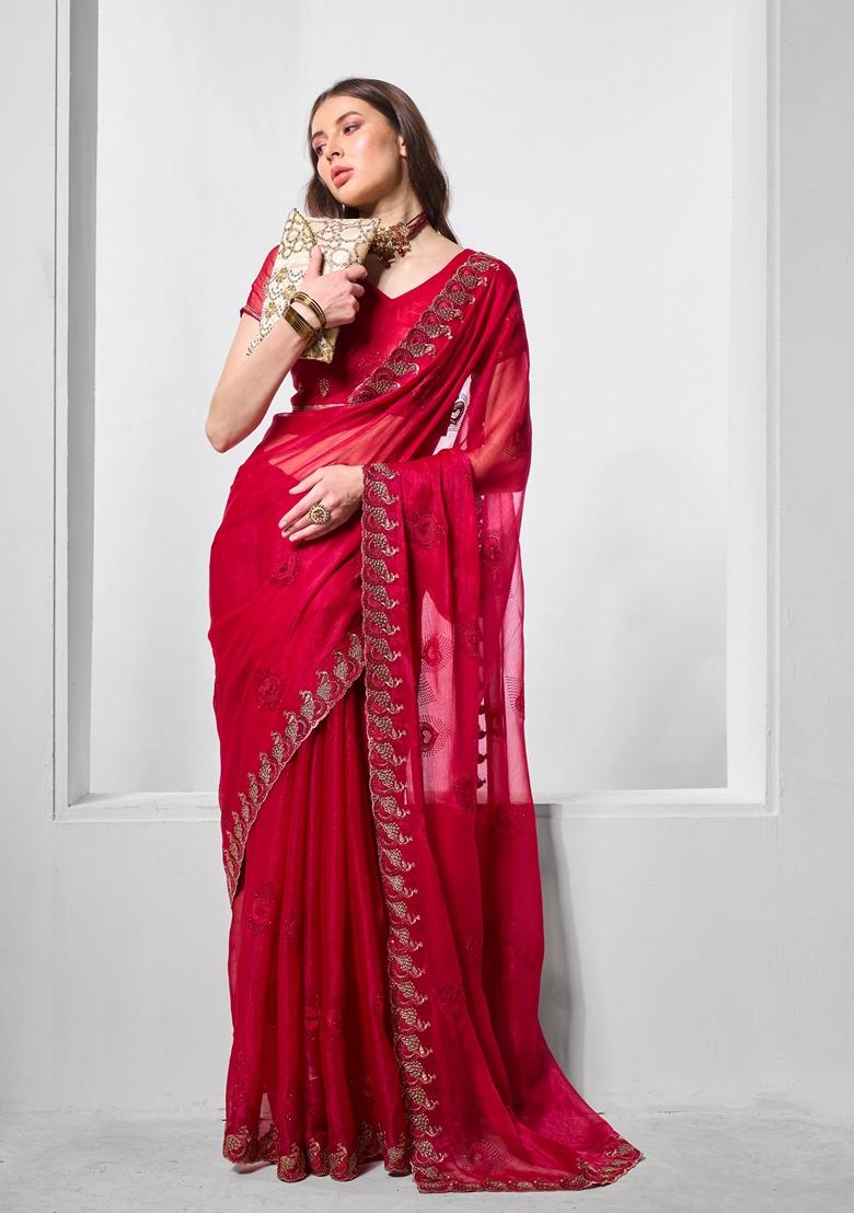 Red Embroidered Chiffon Saree Set