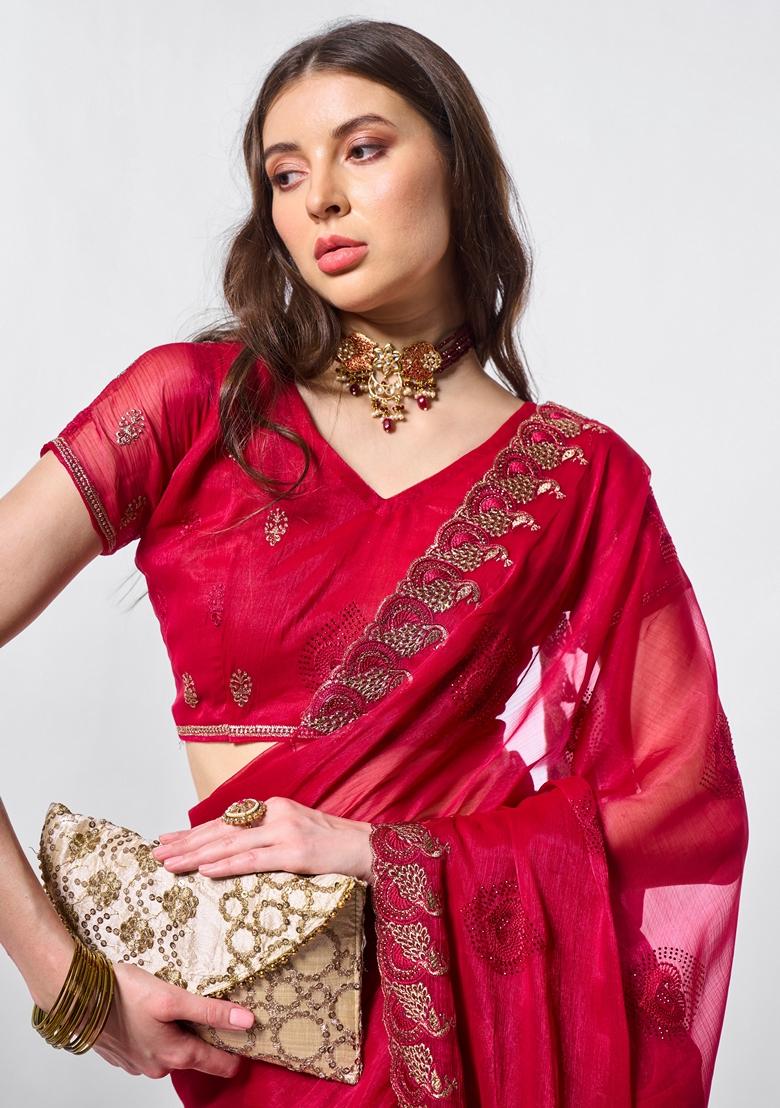 Red Embroidered Chiffon Saree Set
