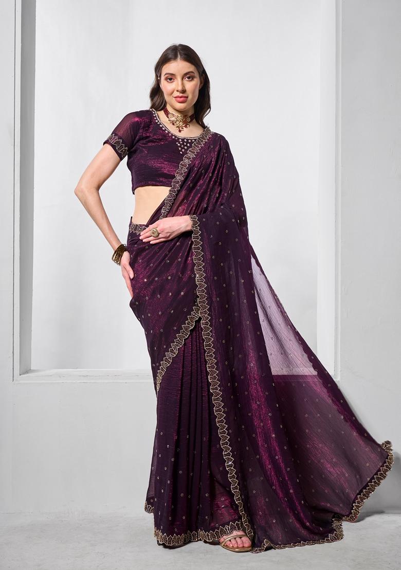 Wine Embroidered Chiffon Saree Set