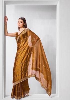 Brown Embroidered Chiffon Saree Set